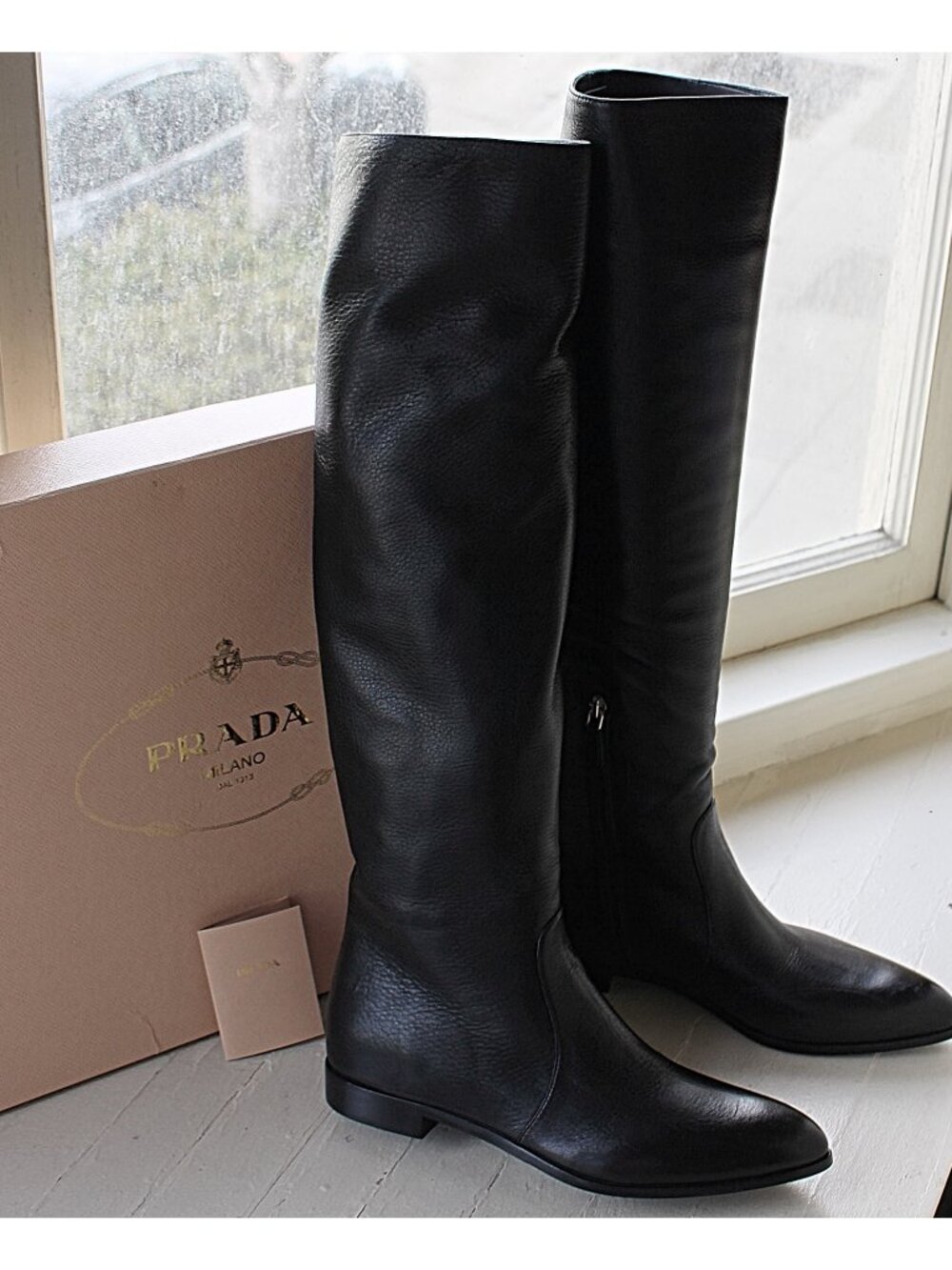 NEW Prada Tall Shaft Knee High Riding Boots - Leather - Black - sz 38.5 - $1990